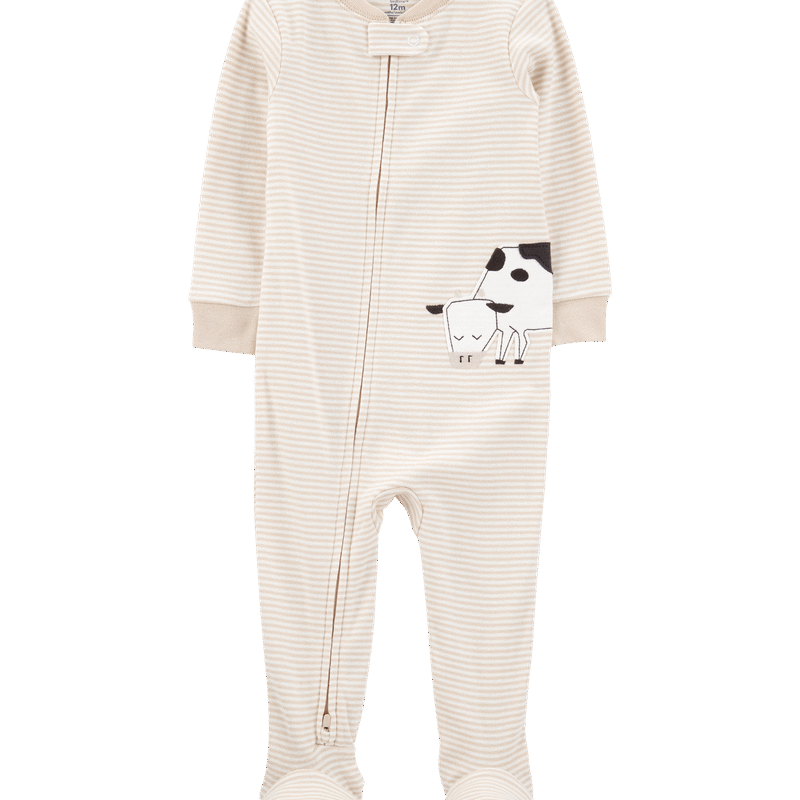 Baby Boy Cow Striped Snug Fit Cotton Footie 1-Piece Pyjamas - Tan
